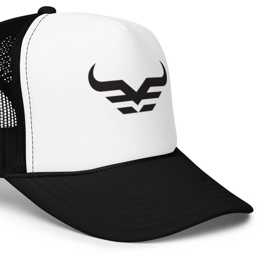 The Icon Foam Trucker hat, black and white, Bison horns icon logo, detail view